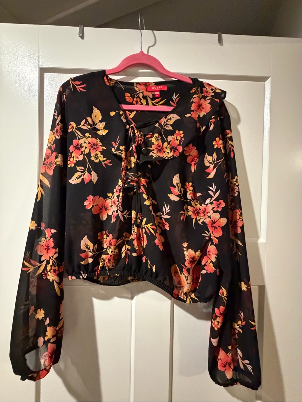 Guess Black Floral Tie-Neck Blouse with Coral and Gold Accents